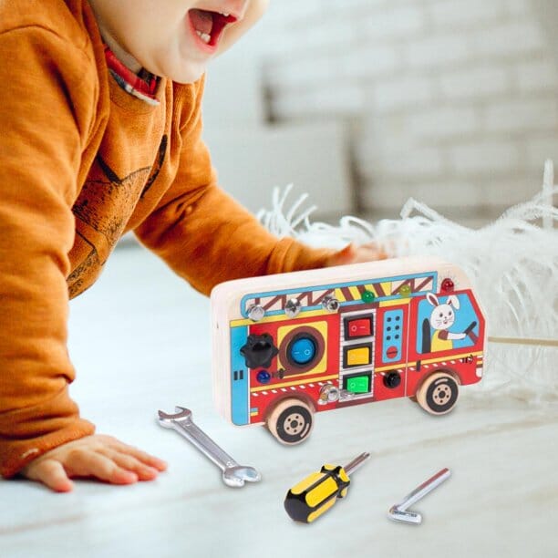 Tableau Montessori - BusyBoardCircuit™ - Autobus scolaire - Mon Bébé s'Éveille